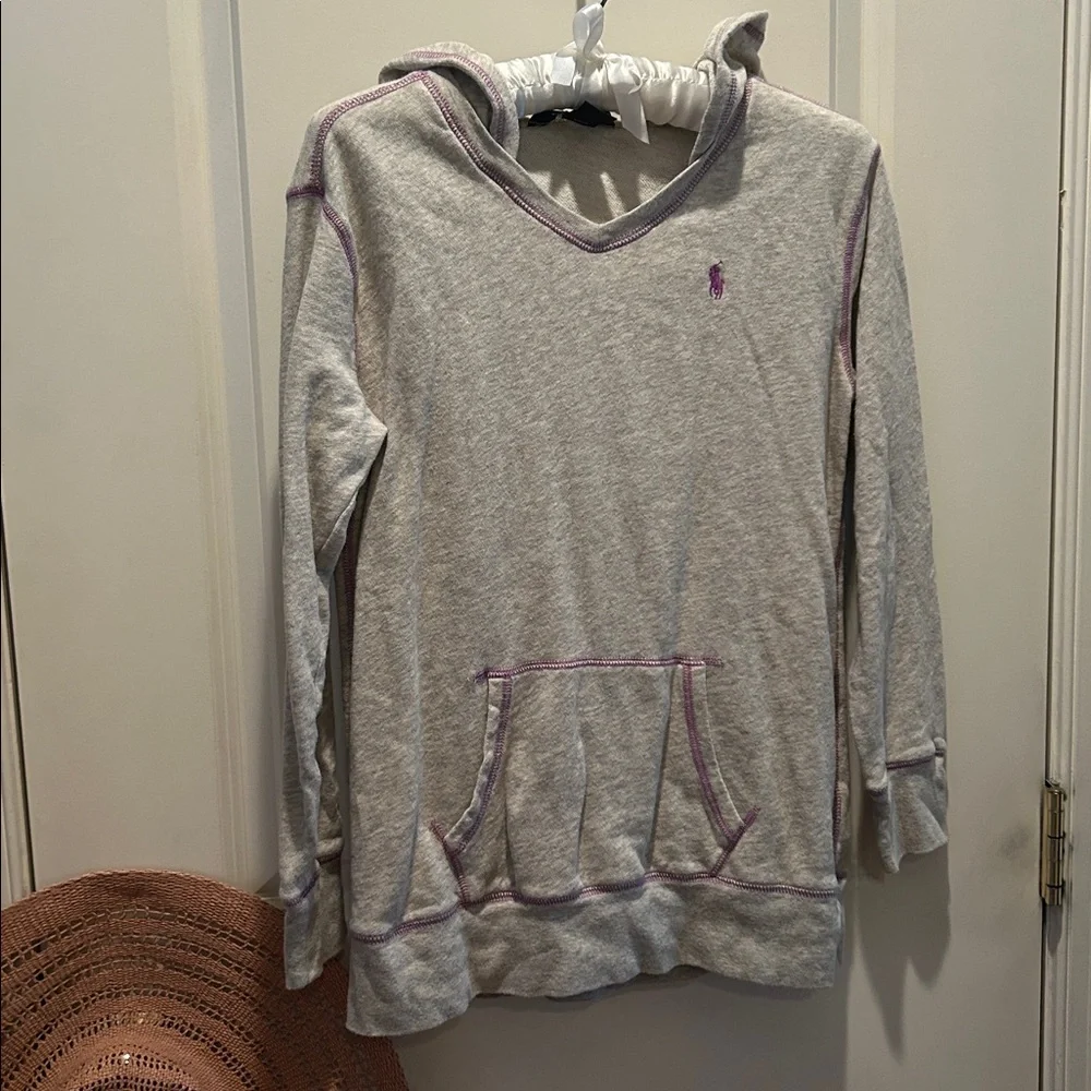 RALPH LAUREN Girls Heather Grey Hoodie Purple Pony Logo Size L 12-14